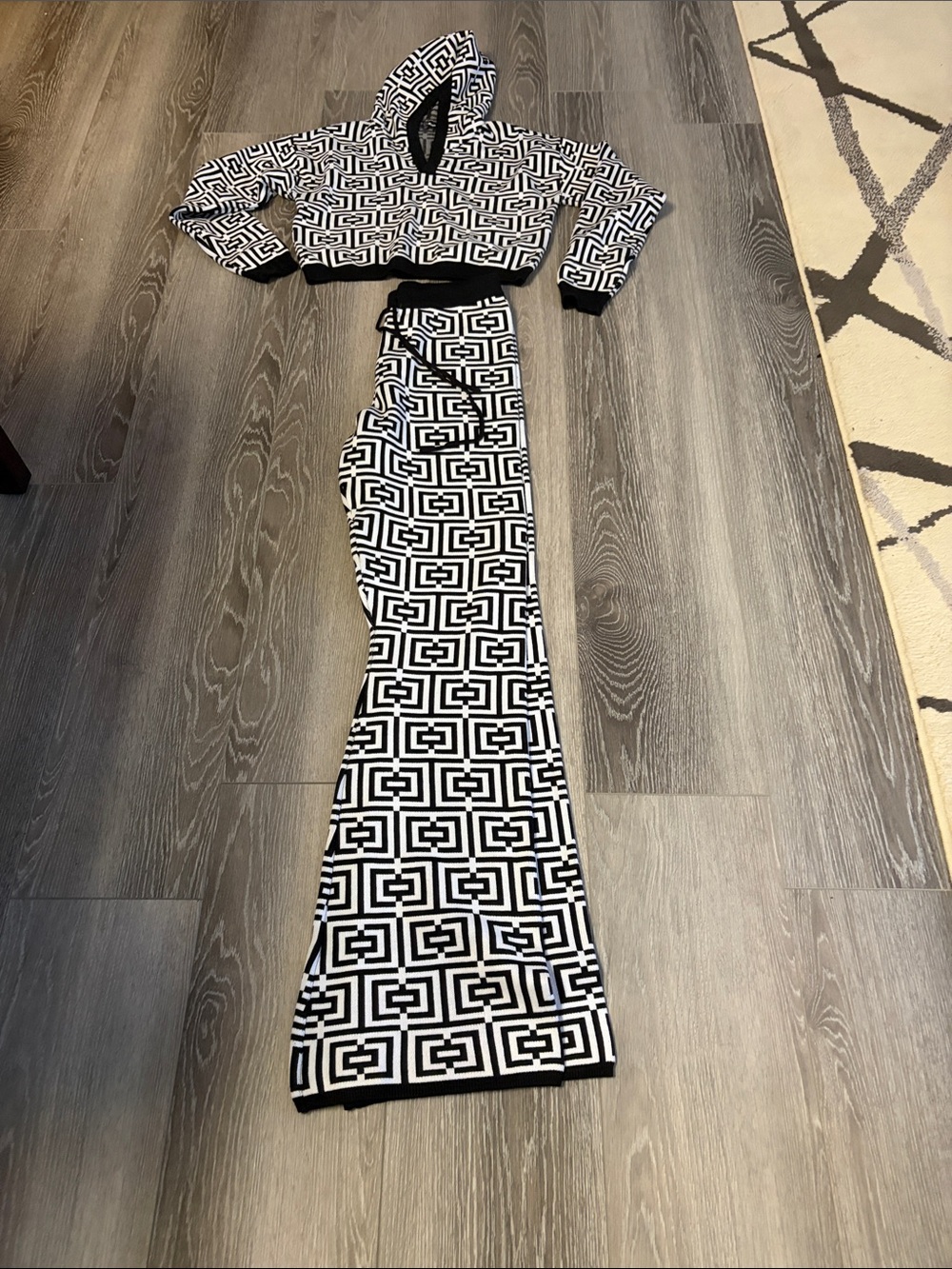 Fashion Nova Black & White Geometric Hoodie Crop Top and Maxi Skirt Set